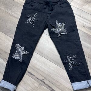 Venti6 Sequin Black Star-Patterned Pants